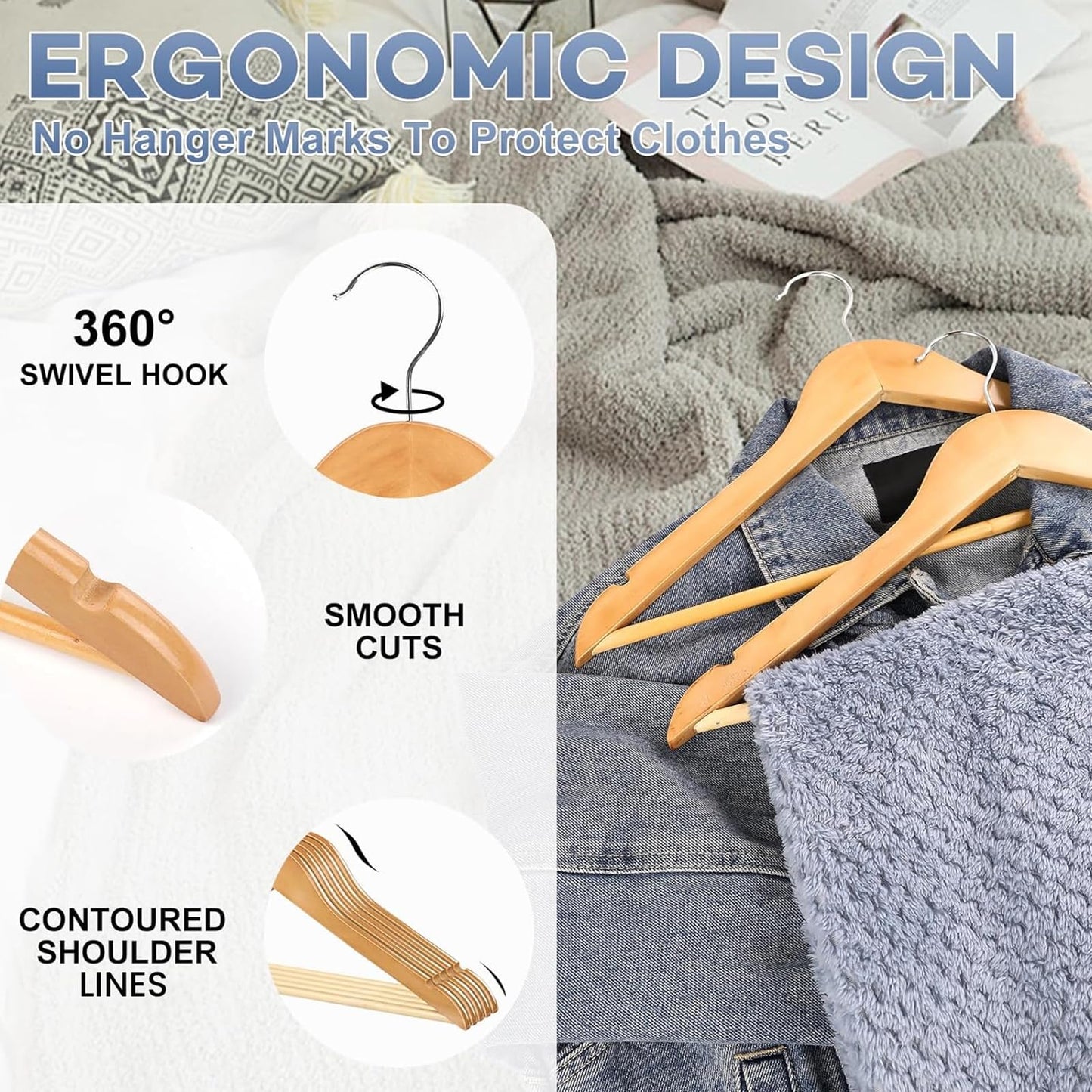 Wooden Hangers 30 Pack, Heavy Duty Wood Hangers for Coats, Suits, Jackets, Closet & Pants Durable Premium Wood Hangers with 360-Degree Rotatable Hook and Notches, Natural