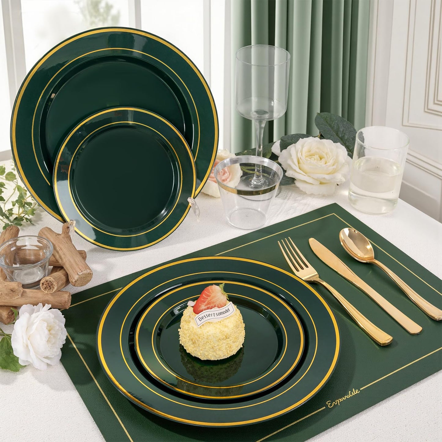 WDF Partyware 350PCS Green and Gold Plates - Green Plastic Plates 50Guests Plastic Plate with Rolled Napkins for Party/Birthday/World Cup 2026