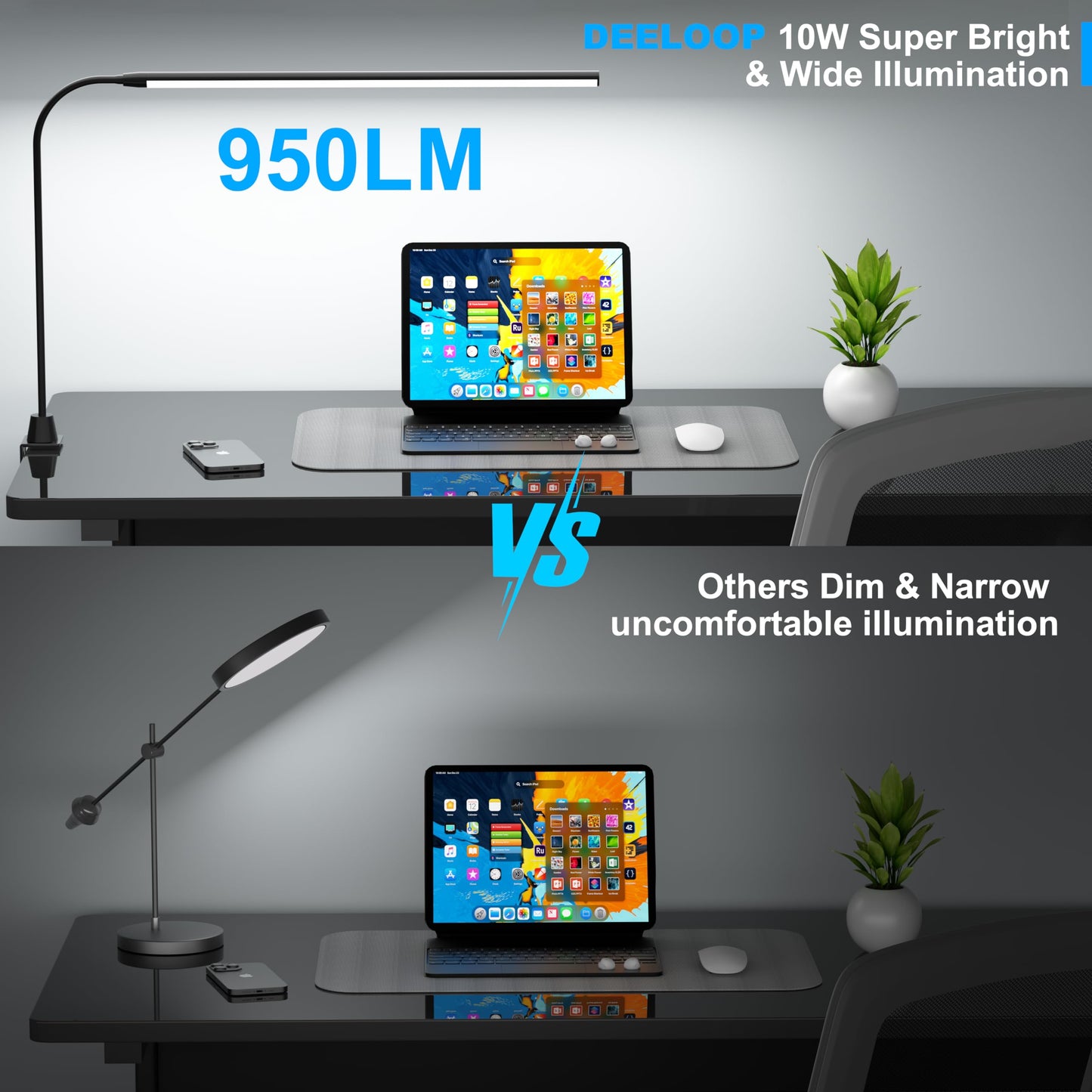 deeloop LED Clip-on Reading Light, 20" Ultra-Long Chips Bright Desk Lamp, 10%-100% Stepless Dimming & 3 Color Modes Office Lamp with 360 Gooseneck Memory Function Clamp Light