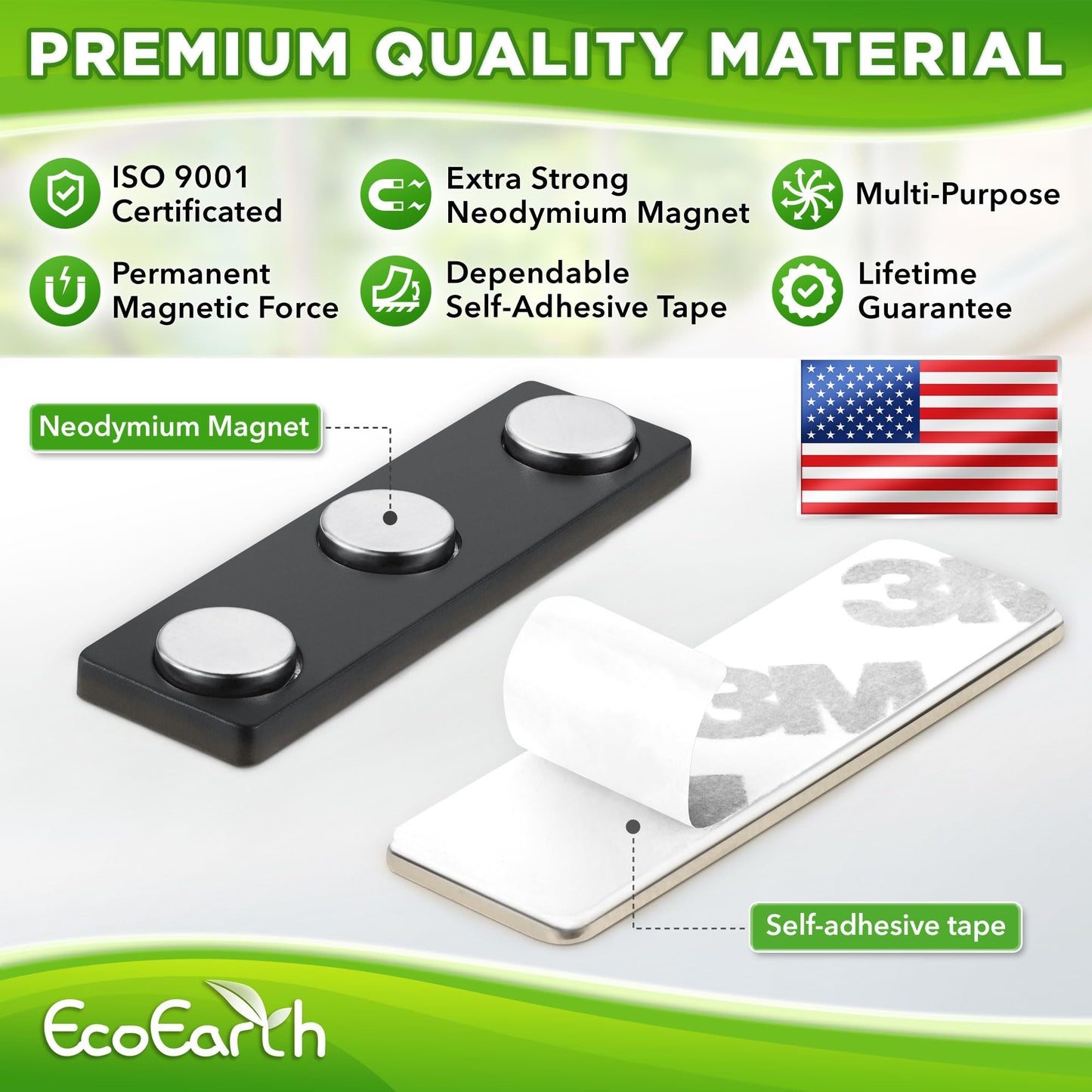 EcoEarth Adhesive Two-Piece Design Name Tag Magnets (100 Badge Holders, 1.75 x 0.5 inches) with 3 Extra-Strong Neodymium Magnets for ID Badge Holders