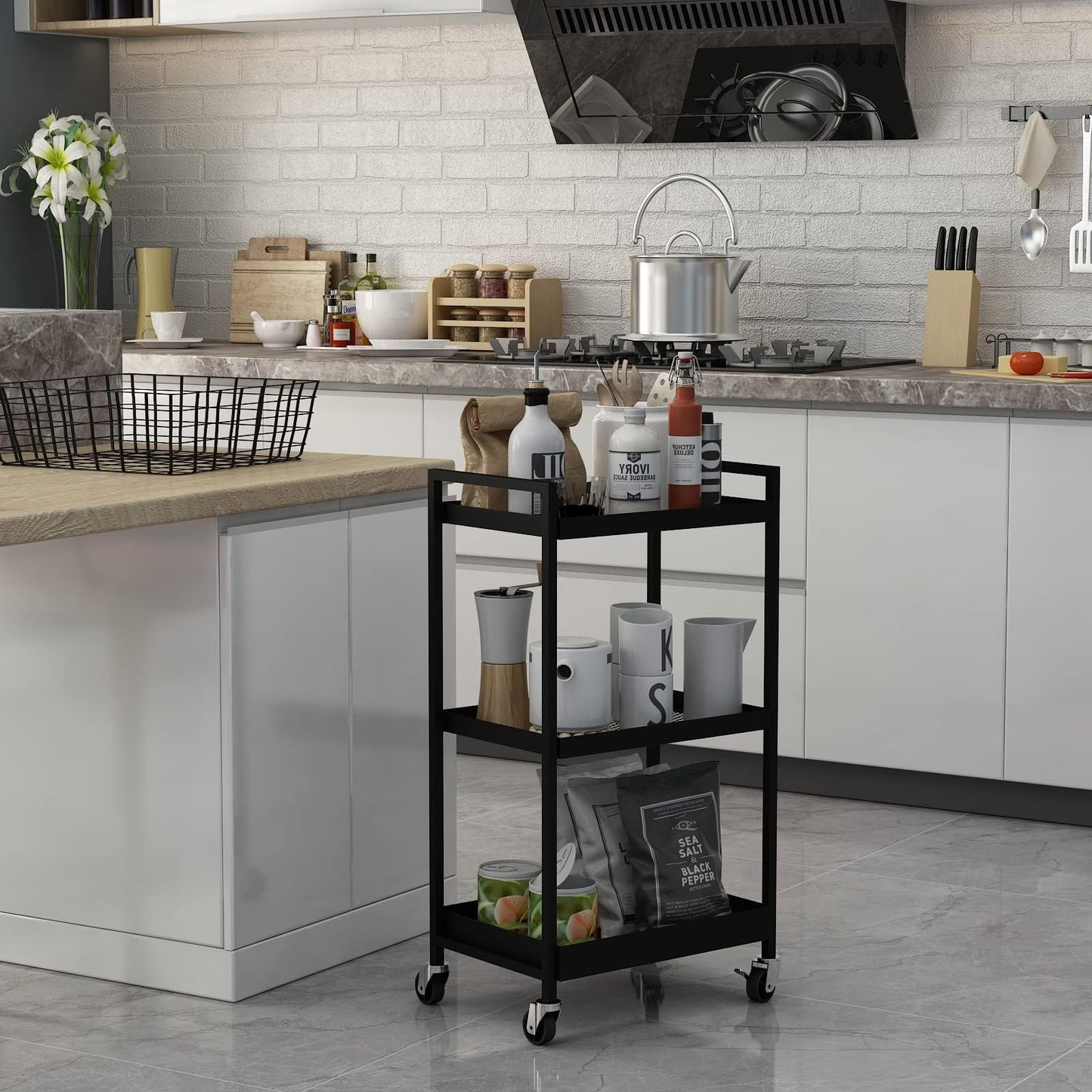 3-Tier Metal Cart with Wheels, Three Tier Rolling Cart,Utility Cart on Wheels Suitable for Office, Bathroom, Kitchen - Black (12.1" D x 17.7" W x 31.2" H