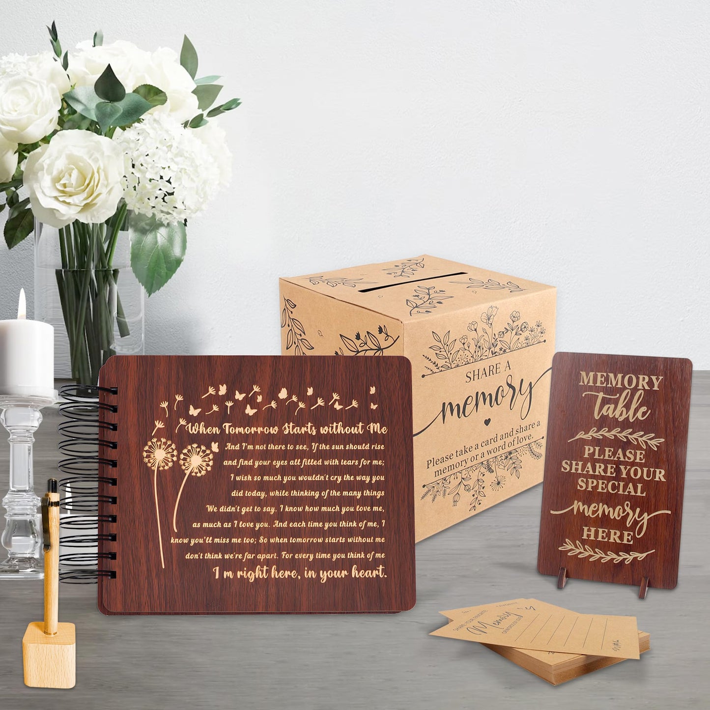PREKIAR Funeral Guest Book for Celebration of Life, Wooden Guest Sign in Books for Memorial Service, Guestbook Set with 50pcs Share a Memory Cards Box Table Sign and Pen (Brown- Guest Book Set #3)