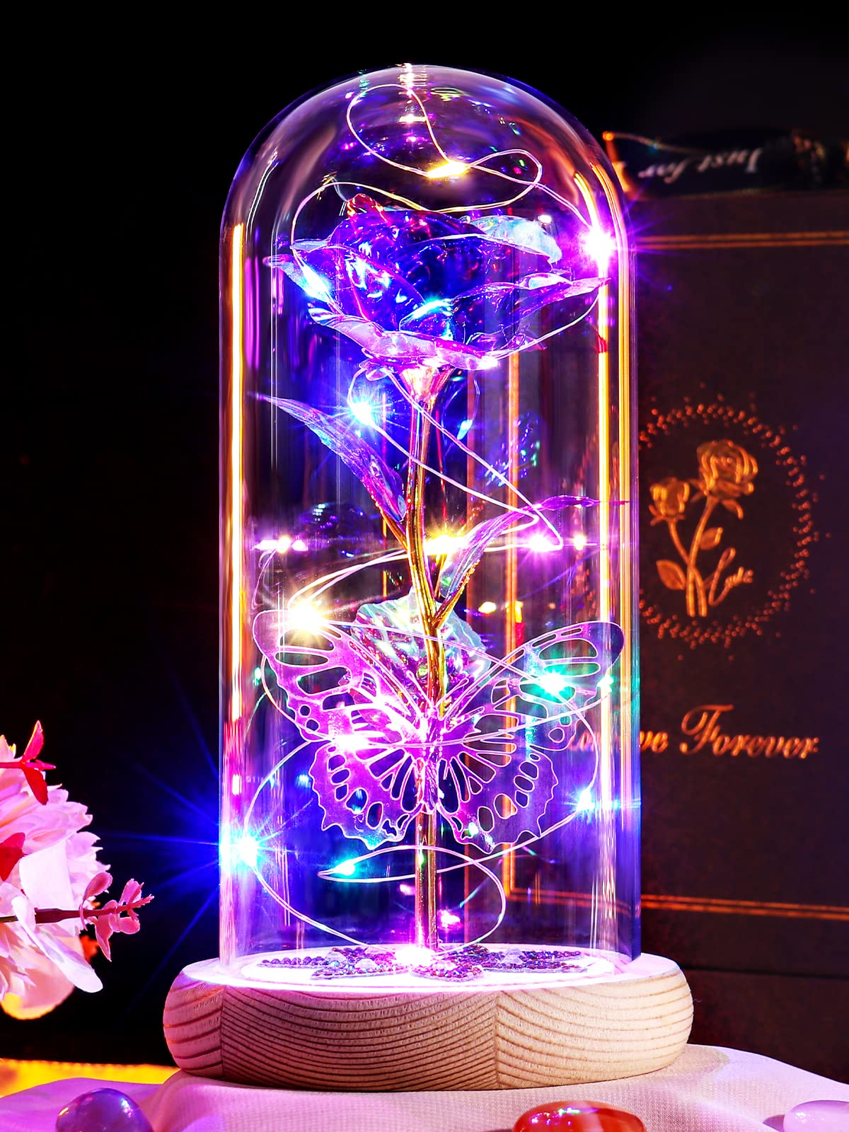 Mothers Day Rose Gifts for Mom Galaxy Glass Roses Preserved Forever Flowers for Delivery Light Up Rose in Glass Dome Anniversary Birthday Gifts for Women Grandma Wife Her Daughter Friend Purple