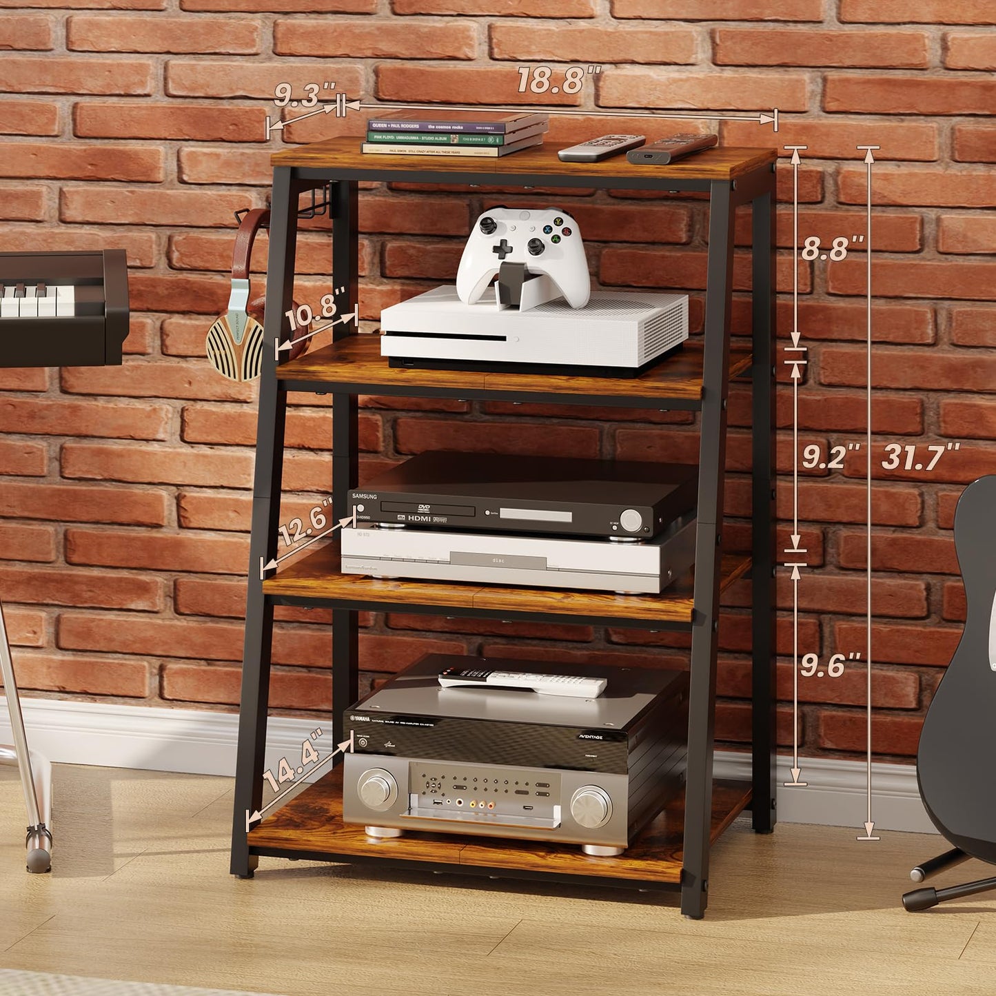 4-Tier AV Media Stand with 2 Hooks,Heavy Duty Stereo Cabinet Furniture-Large Stereo Rack and Game Console Stand,Wooden Record Player Stand,Audio Stand Perfect for DVD Players/Game Console/TV Box/Xbox