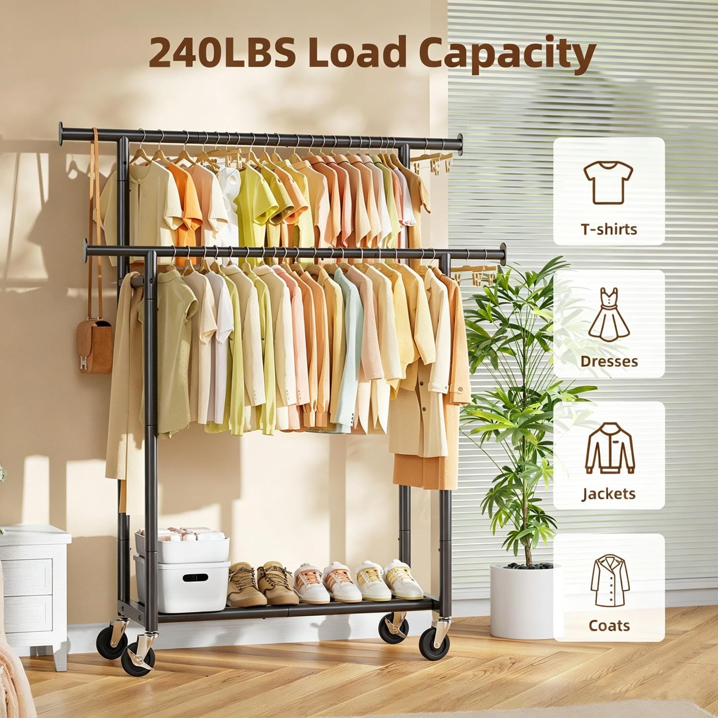 Simple Trending Clothes Rack, Double Rods Clothing Rack for Hanging Clothes, Metal Garment Rack with Rolling Wheels, Portable Wardrobe Closet Rack for Coat, Bedroom, Laundry, Black
