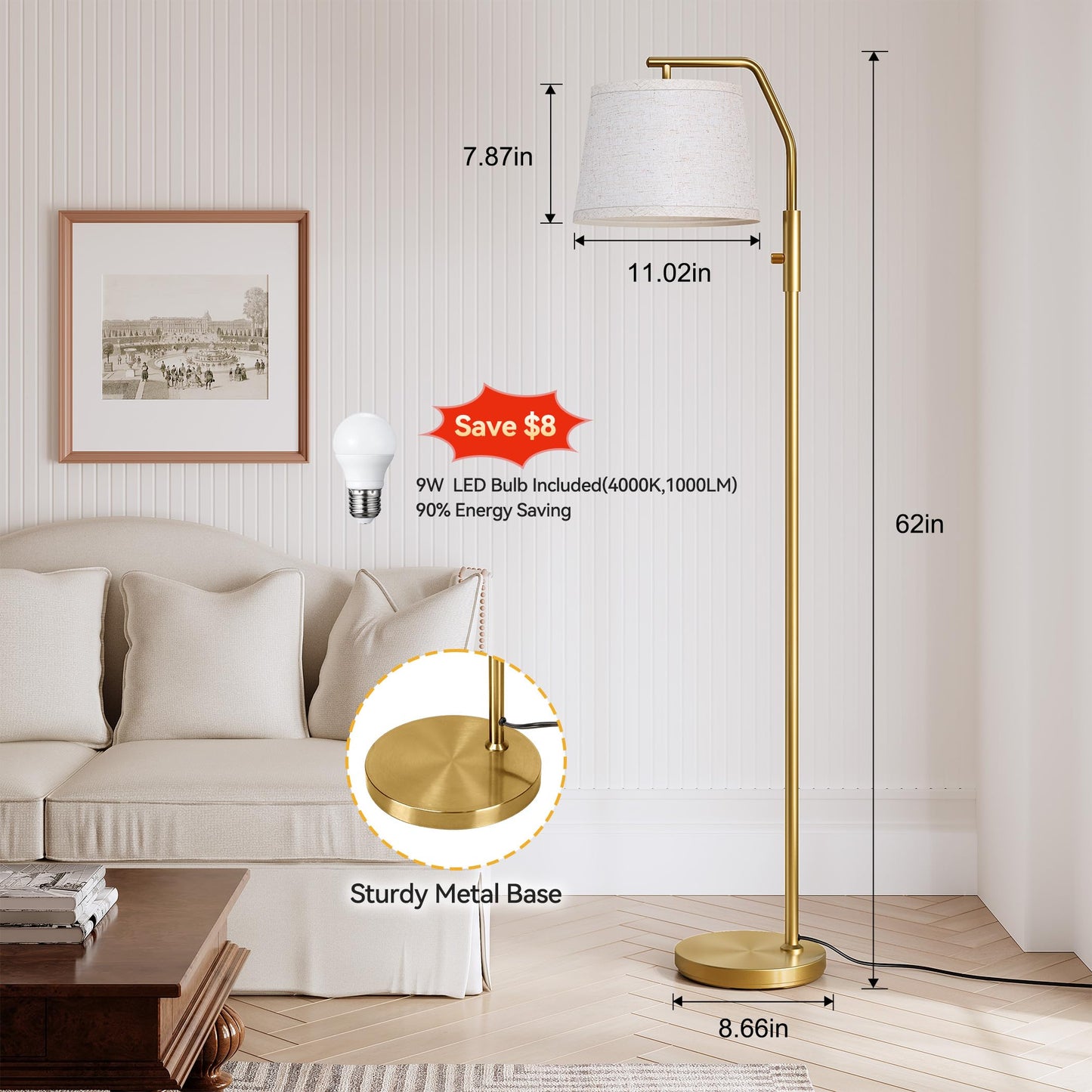 SUNMORY Floor Lamps for Living Room, 9W Bulb Included, Lamp for Bedroom with Adjust Head, Standing Lamp with Rotary Switch, 0-100% Dimmable Floor Lamp for Living Room Bedroom Office Nursery, Gold.