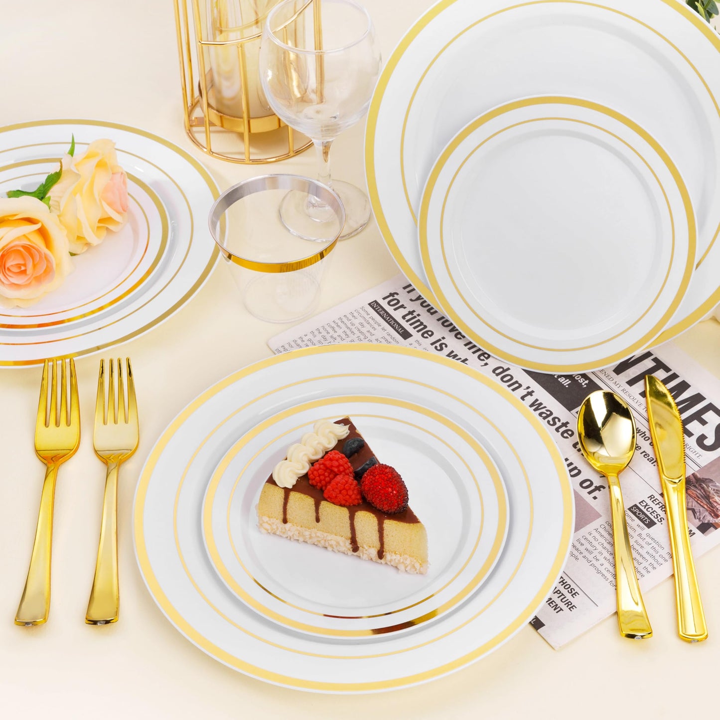 BESTSTAR 100PCS White Plastic Plates for Party, 10.25 Inch Disposable Plates with Gold Rim, Heavy Duty Dinner Plates for Party, Wedding and Birthday