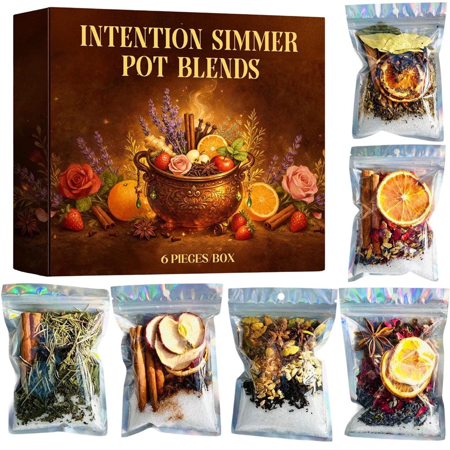 Simmer Pot Potpourri, Simmer Pot Mix, Intention Simmer Pot Blends, Stovetop Simmering Potpourri with Natural Ingredients for Hostess Gifts, Meditation & Ritual Spaces (6 pcs)