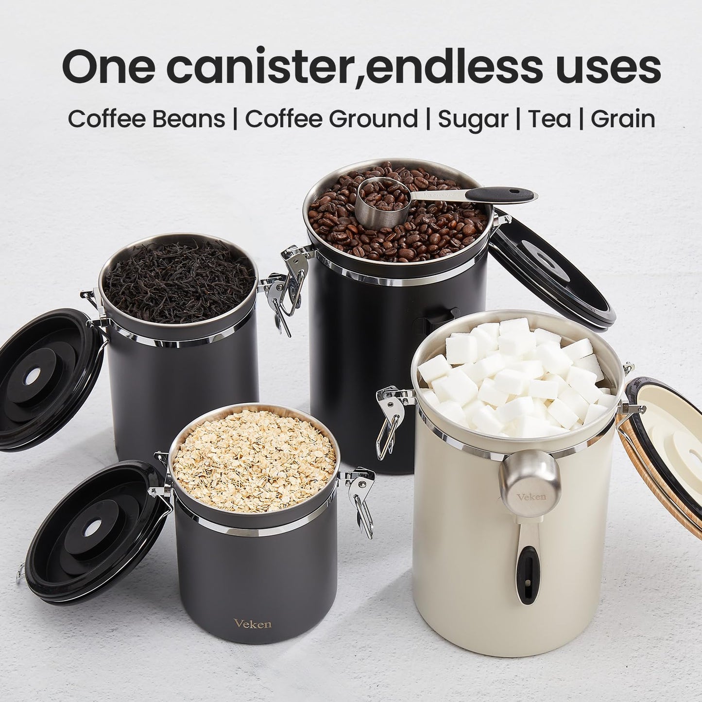 Veken Coffee Canister, 39OZ Large, Airtight Stainless Steel Food Storage Container for 2.2lbs Coffee Beans,Ground,Sugar,Espresso,Rice,Tea,Flour,Pod Baskets,Kitchen Bar Accessories,Lids,Jars,Gifts,Gray