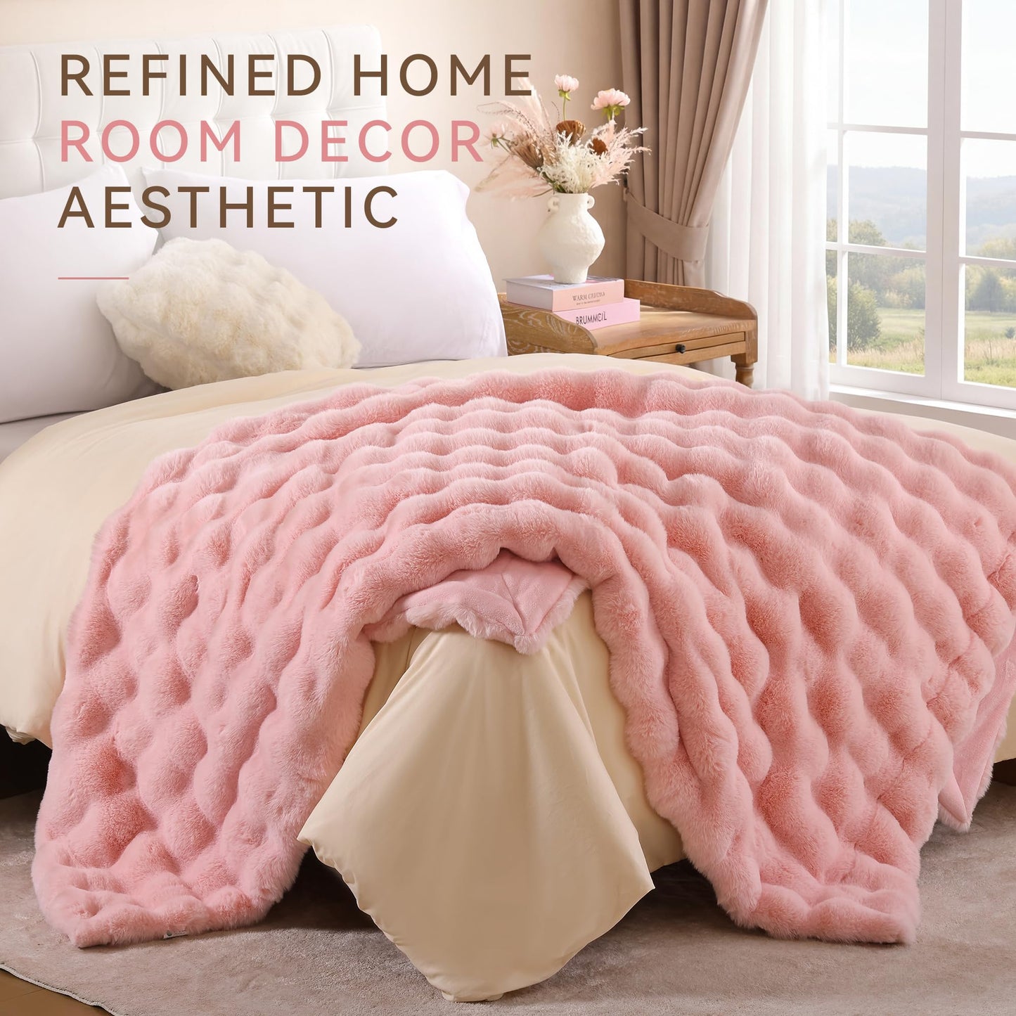 Smoofy Faux Fur Throw Blanket for Couch - Blush Pink Super Soft Cozy Bubble Blanket, Fluffy Plush Fuzzy Throw for Sofa & Bed, Thick Lightweight Warm Blanket, Luxury Aesthetic Gift for Women 60"x80"