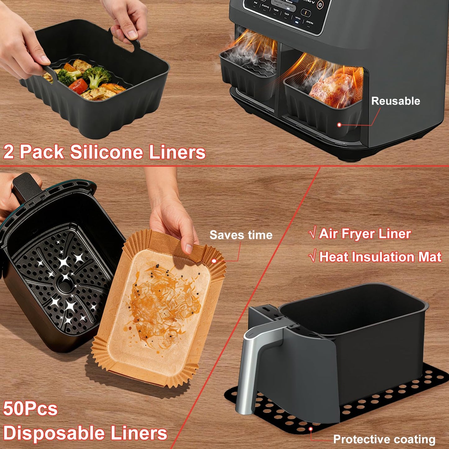 Dual Air Fryer Accessories, Reusable Compatible for Ninja Foodi DZ201, DZ401, DZ550, DZ302, COSORI 9QT, Chefman, Instant, and 6-in-1 8-10QT Dual Basket Air Fryersr,Silicone Liner, Grill