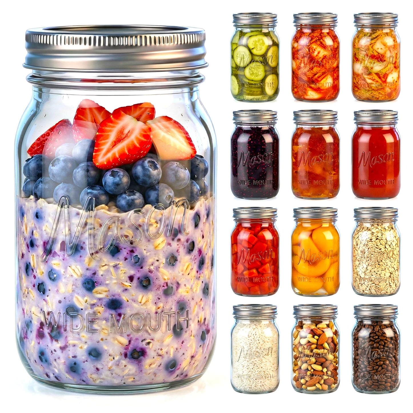 DicraoLea 12 Pack 32 OZ Glass Food Storage Jars with Separable Airtight Lids, Wide Mouth Mason Jars for Pickling, Fermentation, Canning, Microwave & Dishwasher Safe