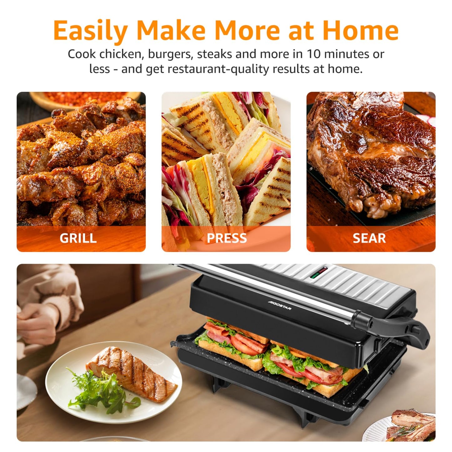 Panini Press Grill, Aigostar 1000W Sandwich Maker with Ceramic Non-stick Plates, Opens 180 Degrees for Any Size Food, 3-in-1 Sandwich Press Electric Grill, Drip Spout & Locking Lid, Sliver