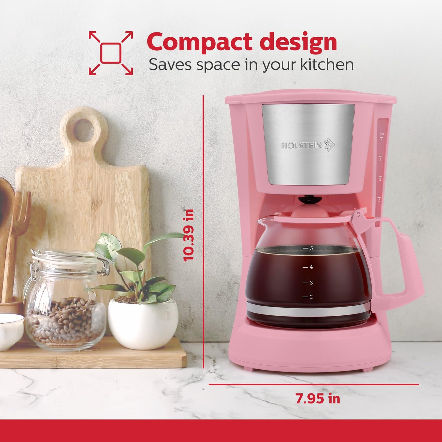Holstein Housewares 5 Cup Drip Coffee Maker – Compact and User-Friendly with Auto Pause & Serve, Reusable Filter, Measuring Spoon & Glass Carafe, Office & Dorm Use, Pink
