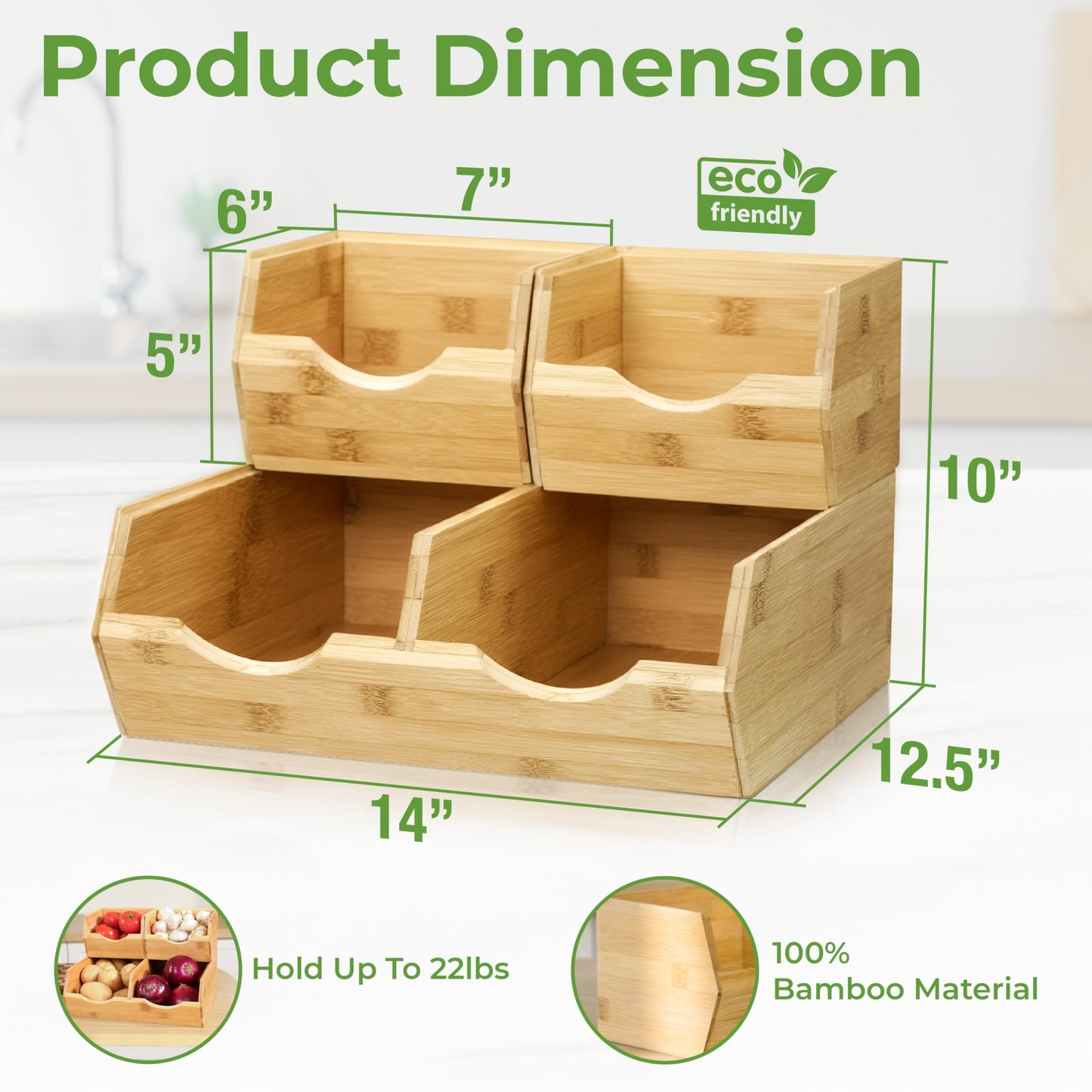HOMESTEAD Bamboo Pantry Storage Bins – Potato & Onion Storage Bin for Pantry Organizers, Produce Organizer Set of 3 – Slide out Bin Access