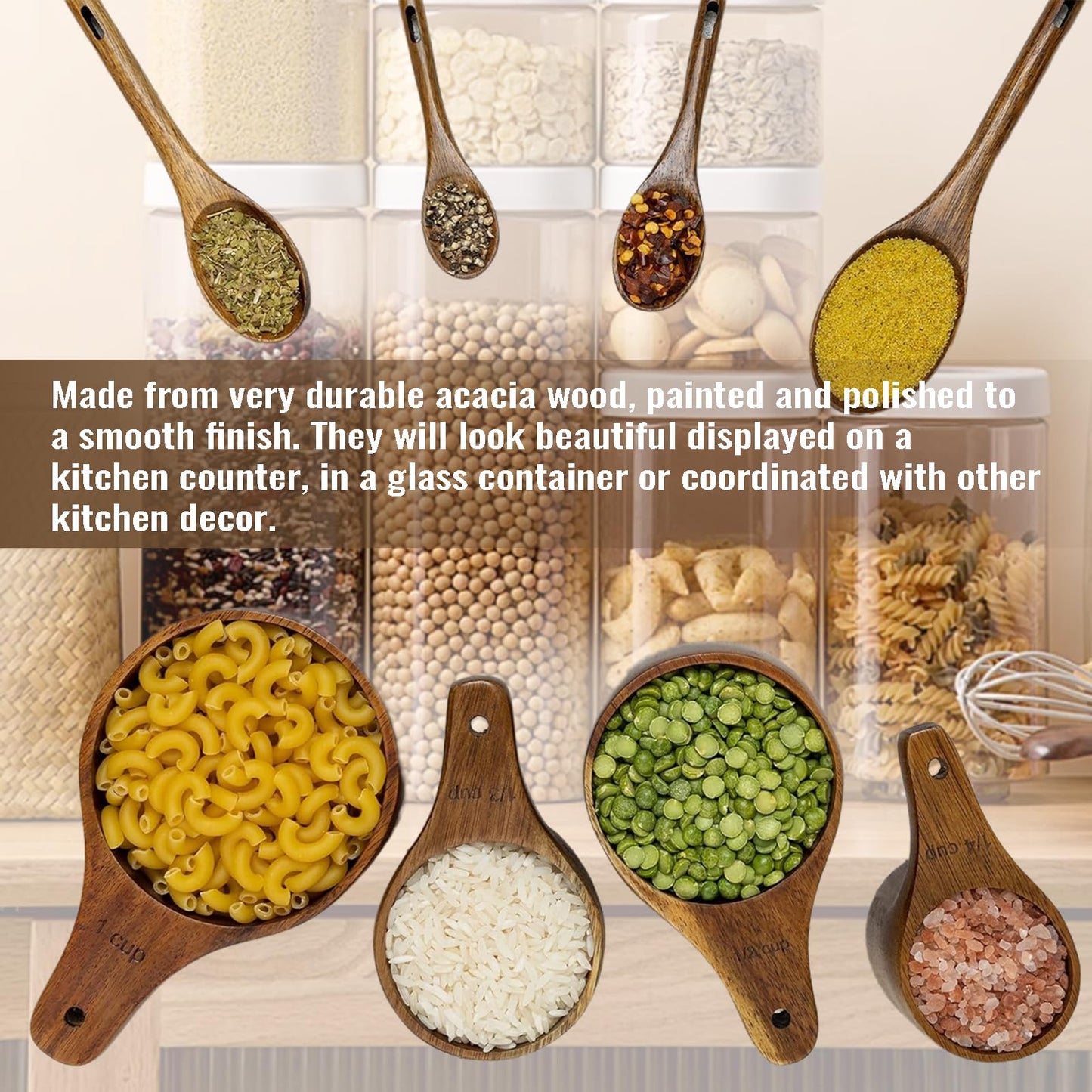 Wooden Measuring Cups and Spoons Set - Eco-Friendly Solid Acacia Wood, Laser Engraved Measurements, Perfect for Baking & Cooking - Ideal for Bakers, Chefs & Home Cooks（brown）