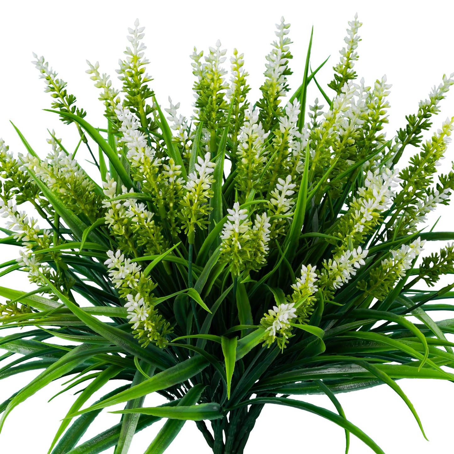 Nigirior Artificial Flowers for Outdoor Plants 24 Bundles Fake Lavender Plastic Faux Monkey Grass for Verandah Window Garden Office Patio Front Porch UV Resistant for Planter(White)