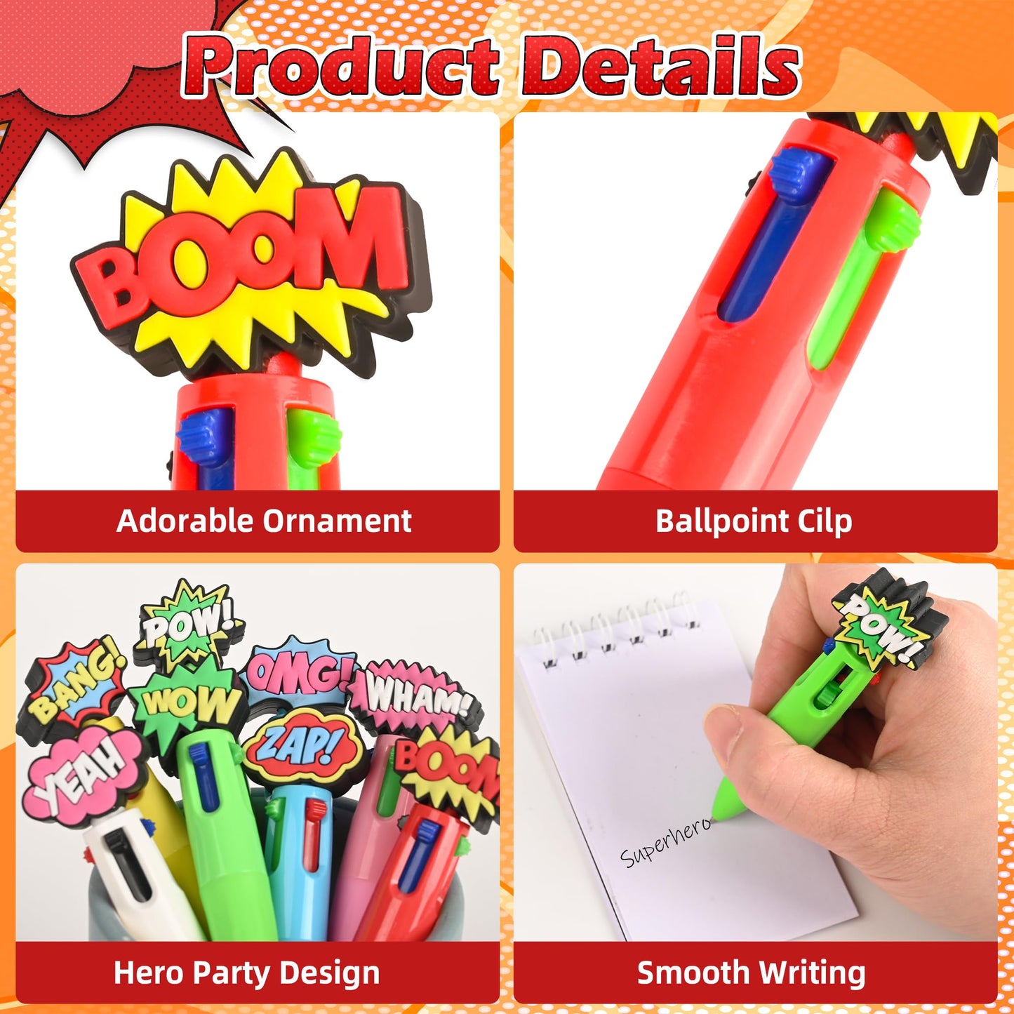 LiYiQ 100 Pcs Hero Theme Colorful Multicolor Pen in One Cute Cartoon Fun 4-in-1 Cute Pens Bulk Kawaii Hero Theme Boom Wow Pow Conversation Cool Ballpoint Pens for Fun Gifts