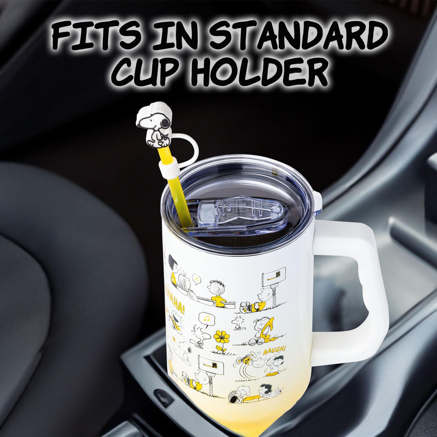 Silver Buffalo Peanuts Iconic Scenes Charlie Brown, Snoopy, Woodstock, Lucy, Sally, Linus Double Walled Stainless Steel Tumbler with Handle, Straw, & Straw Cap, Fits in Standard Cup Holder, 40 Ounces