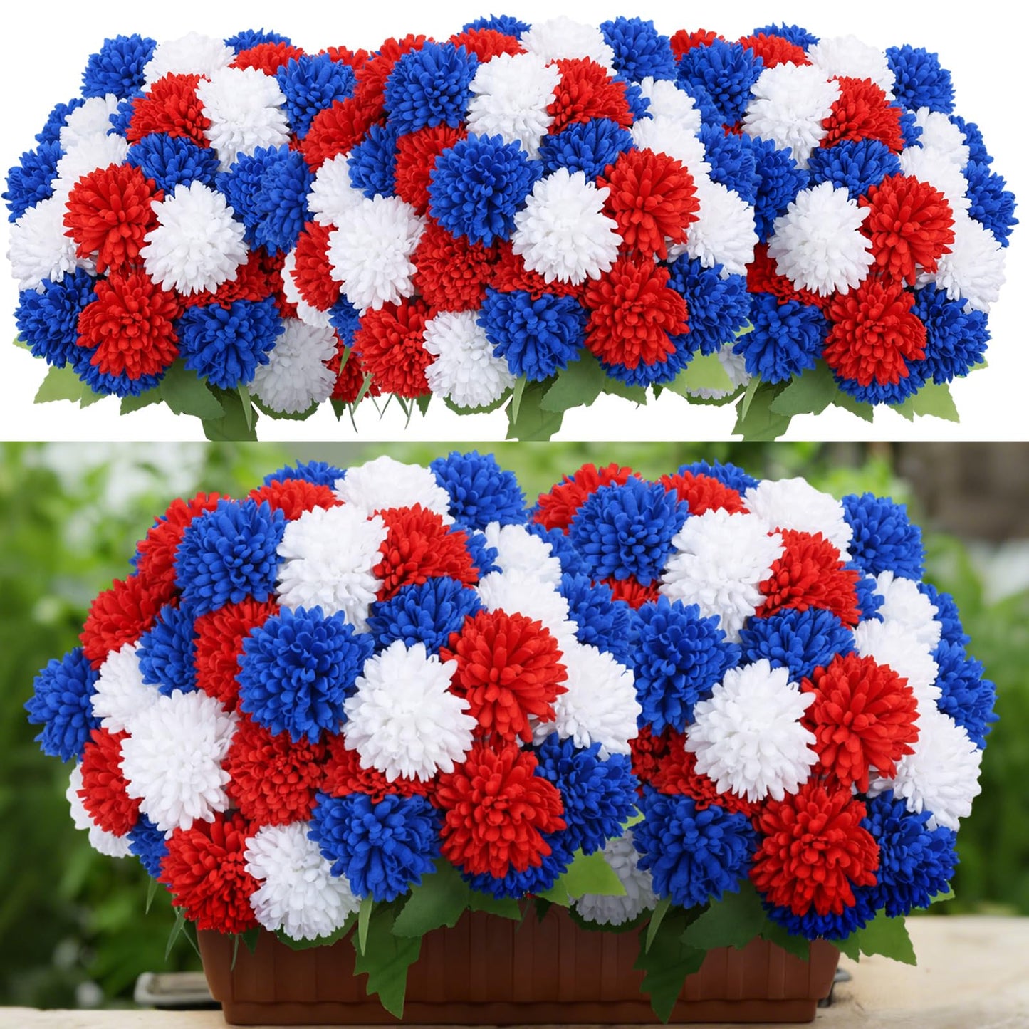 12 Bundles Red White Blue Artificial Flower for Outdoor UV Resistant 250th Anniversary Patriotic Outdoor Decoration Fake Chrysanthemum Flowers for July of 4th Independence Day National Day Party Decor