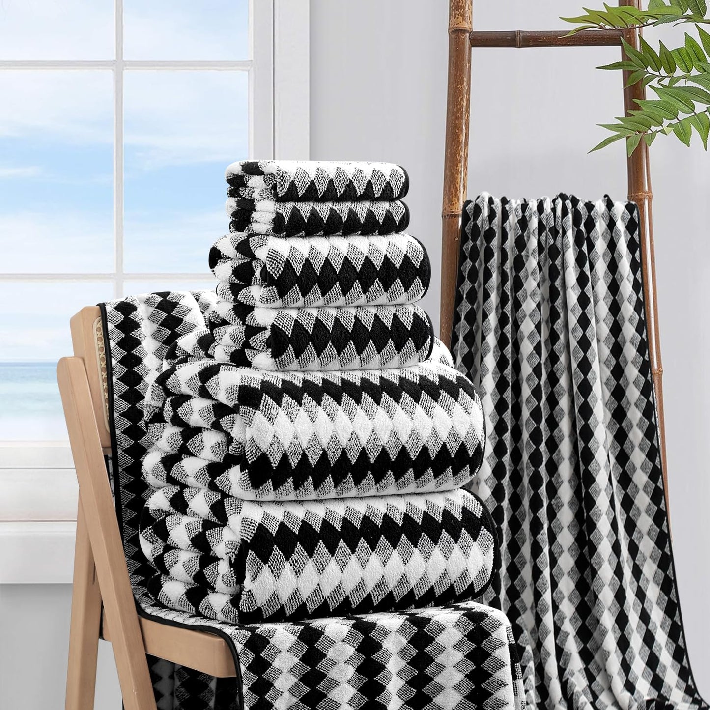 8 Piece Bathroom Towel Set Black White|2 Oversized Large Bath Towels Sheet,2 Hand Towels,4 Washcloths| 600GSM Soft Towel Set for Bathroom Hotel,Highly Absorbent Quick Dry Bath Towel Collections