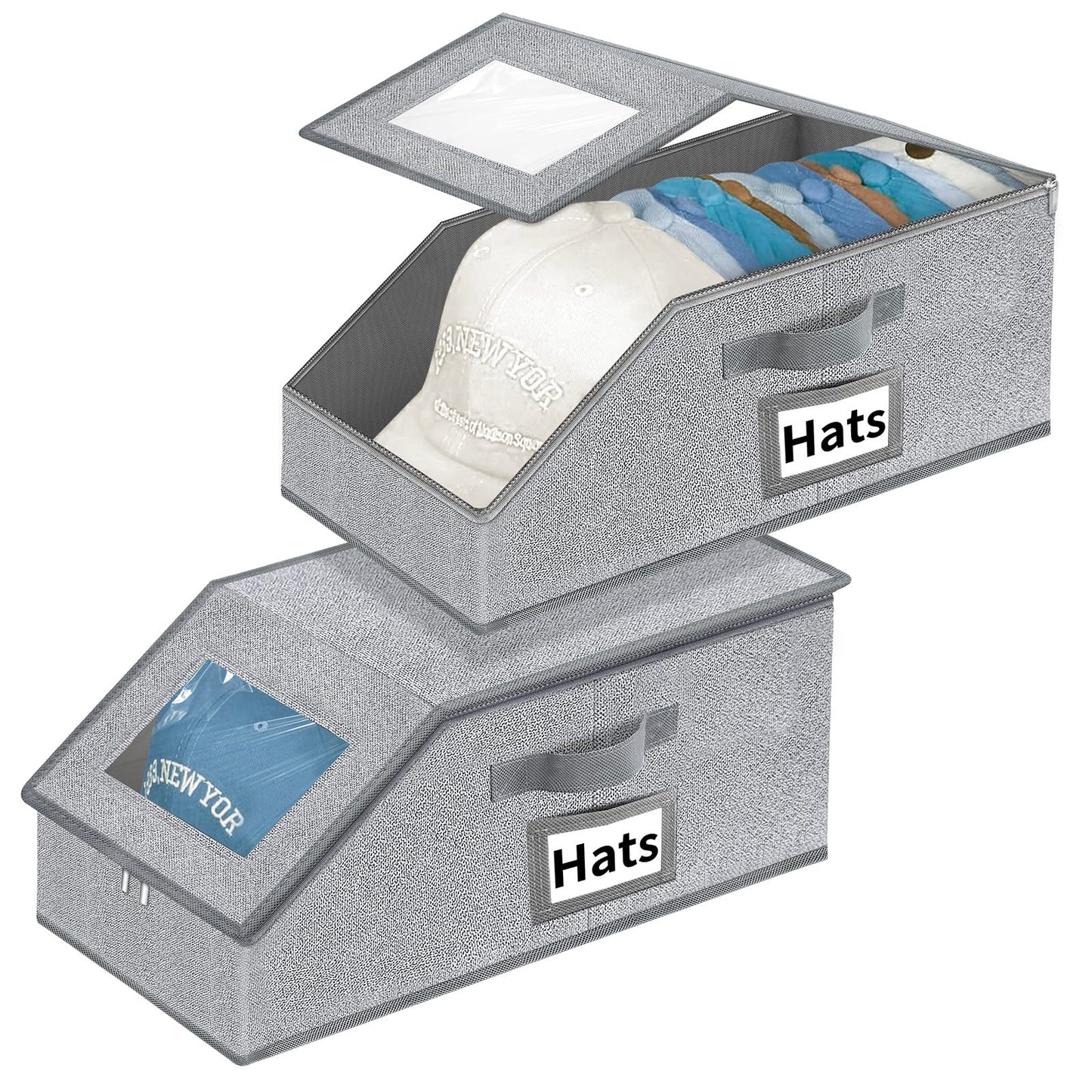 Aokeyee Hat Organizer for Baseball Caps - 2PCS Stackable Storage with Clear Window Lid, Flip-Top Access, Space-Saving Hat Box for Closet, Breathable Fabric (Grey)