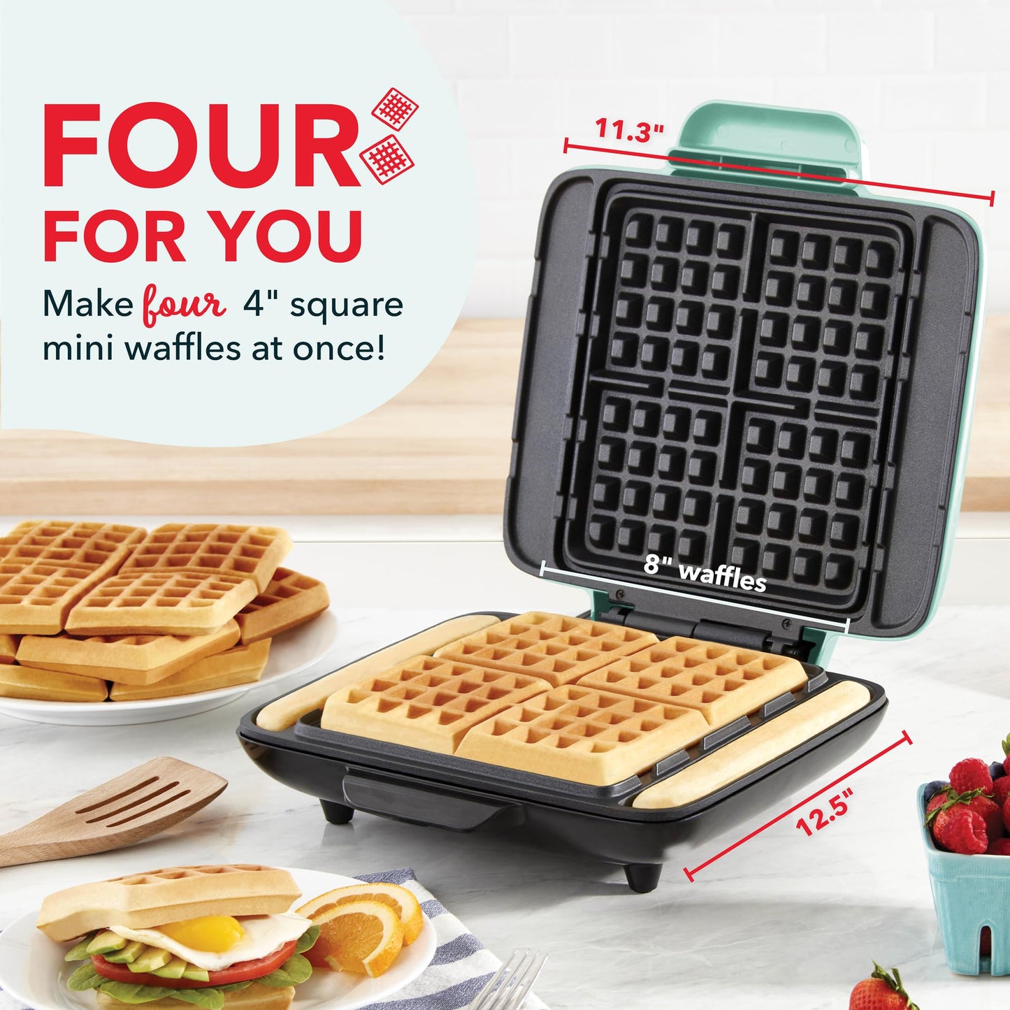 DASH No-Drip Waffle Maker: Waffle Iron 1200W + Waffle Maker Machine For Waffles, Hash Browns, or Any Breakfast, Lunch, & Snacks with Easy Clean, Non-Stick + Mess Free Sides - Aqua