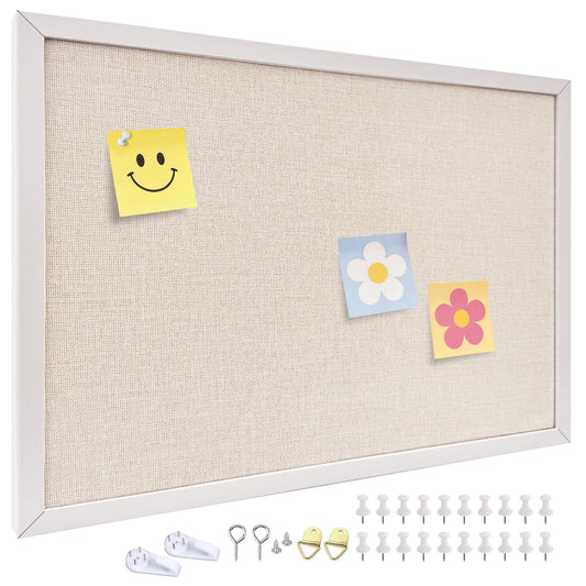 24'' x 36'' Linen Bulletin Board, Large Corkboard, White Oak Frame Linen Cork Board, Vision Board and Decorative Hanging Pin Board