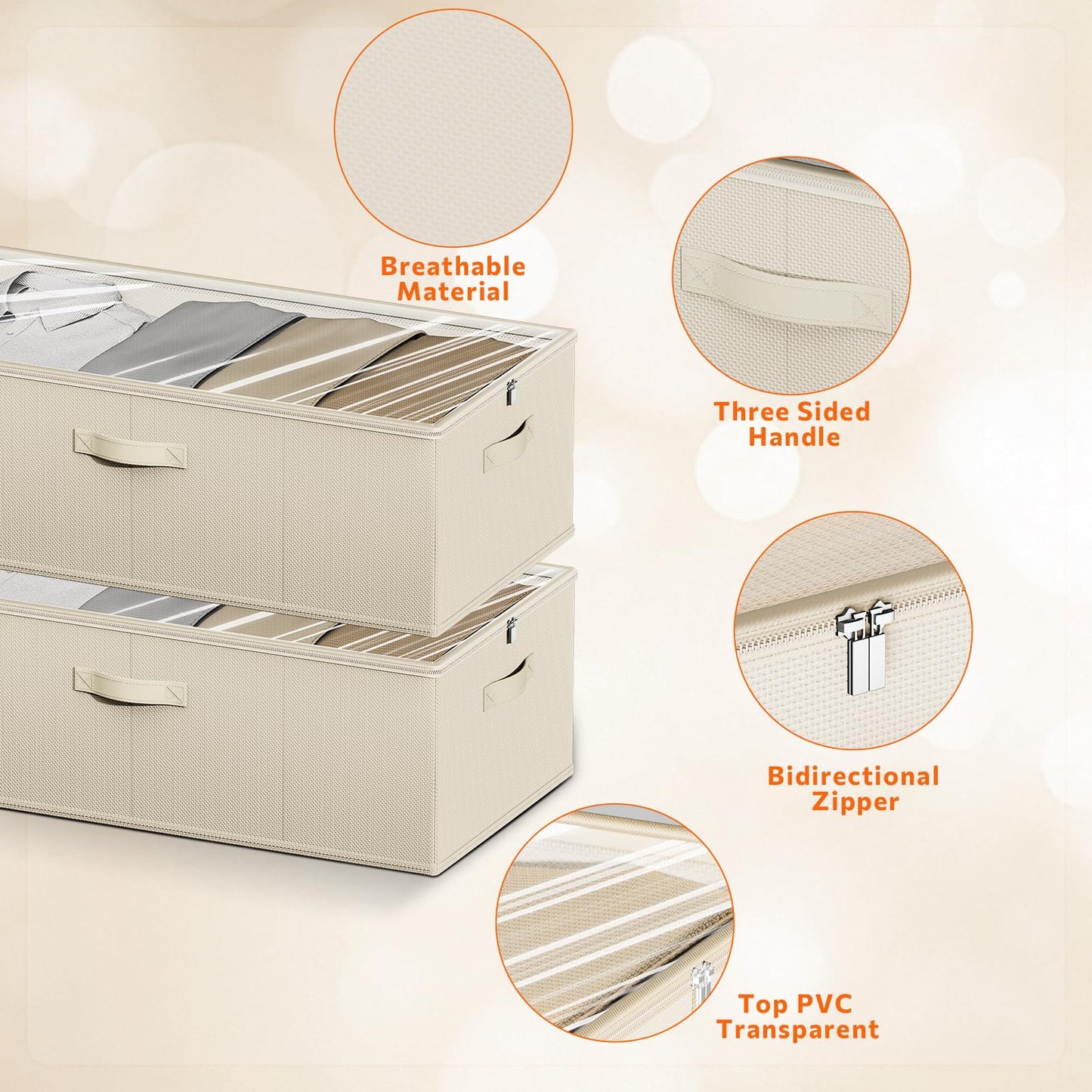 Chizjox 10inch 3 Pack Under Bed Storage Containers, 10 Inch Tall Underbed Clothes Storage Organizer Bin with Clear Window，Foldable Box Basket for Clothes, Closet, Bed Sheets and Blankets Beige