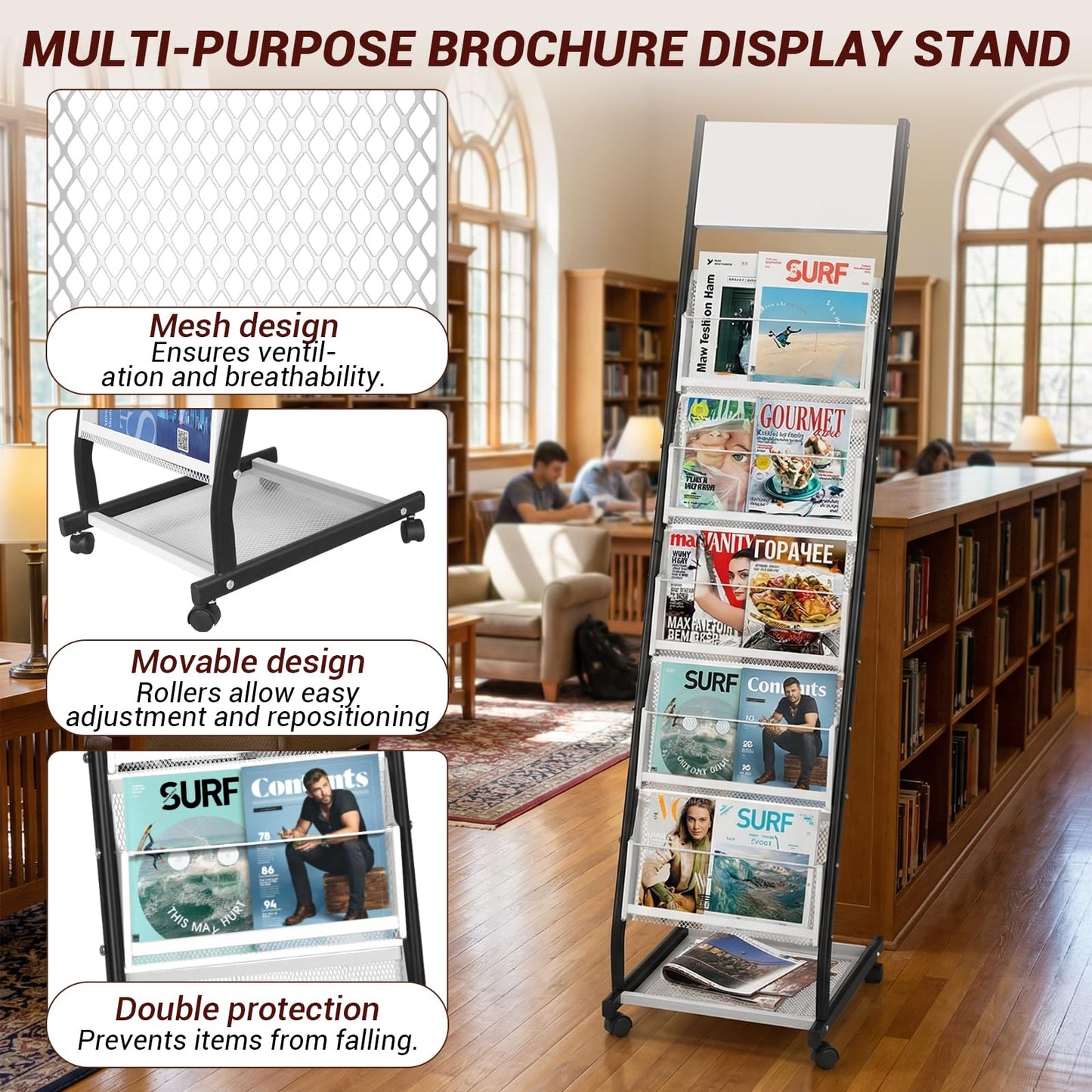 XIDIHF Floor Standing Magazine Holder with 5 Pockets, Journals, Brochure & Literature Display Holder for Trade Shows, Exhibitions, Office, and Shopping Malls, Black