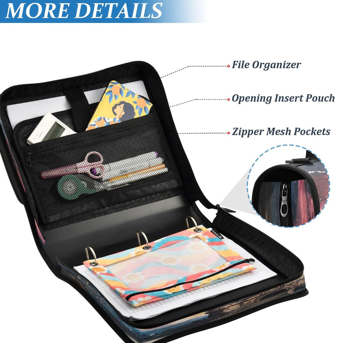 Takiito 3 Ring Zipper Binder Dragon Castle Binder Organizer Portfolio with File and Shoulder Strap & Handle Large Capacity File Folder