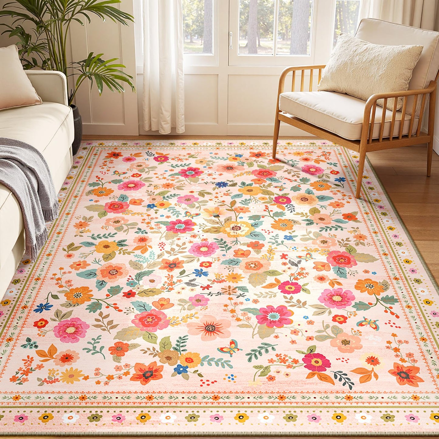 meejou 5x7 Area Rugs for Living Room Vacuum-Friendly Machine Washable Area Rug Flower Floral Printed Pattern Low Pile Non-Slip Carpet for Bedroom Hallway Entryway, Pink Beige