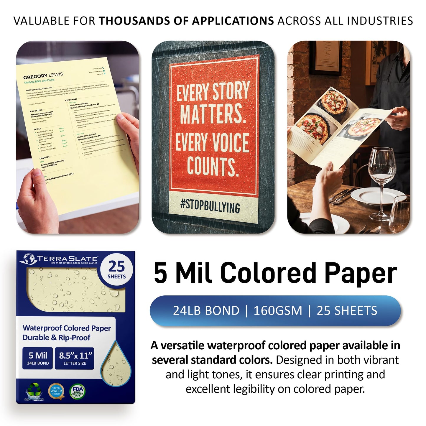 TerraSlate Waterproof Paper, Rip-Proof Colored Paper, Ivory, 25 Sheets, 5 Mil (24lb Bond), 8.5" x 11", Laser Printer and Copy Machine Compatible
