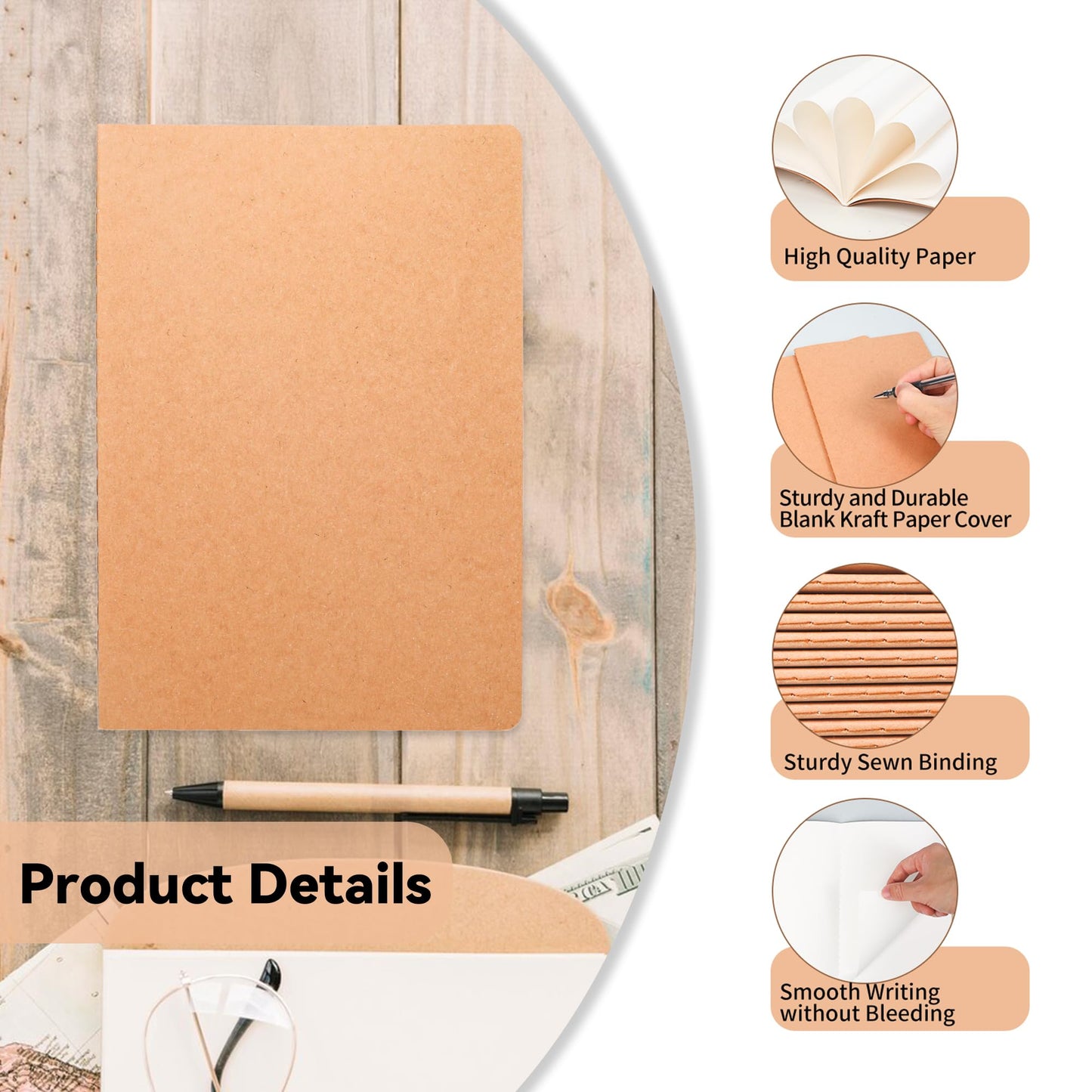 48 Pack Blank Kraft Notebooks, 8.3x5.5 Inches A5 Small Journals Bulk Blank Notebooks 80 Gsm Unlined with 60 Pages A5 Subject Notebooks Traveler Journal Set for Adult Students Back to School Supplies