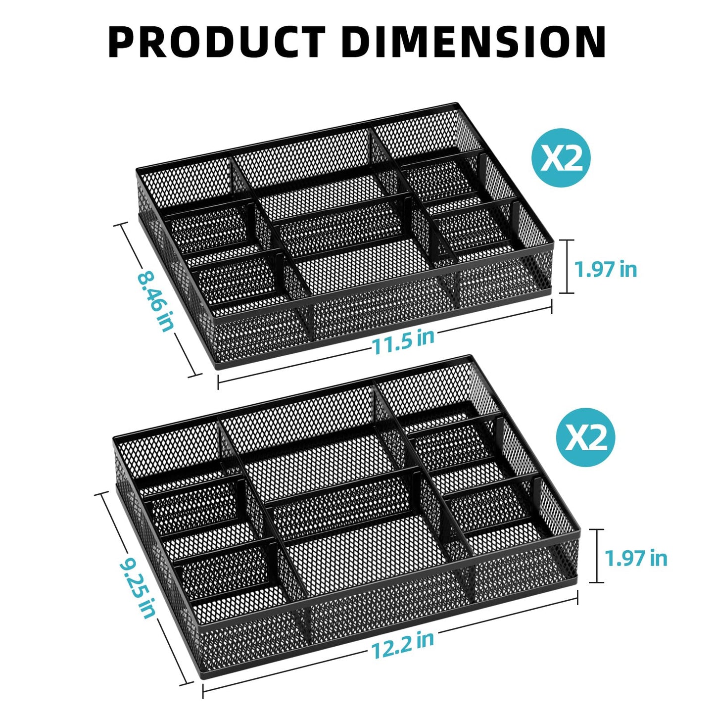 Marbrasse 2 Pack Desk Drawer Organizer, Mesh Drawer Organizer Tray with 8 Adjustable Compartments, Desk Organizers and Accessories, 5 Dividers Drawer for Office Supplies, Makeup & Vanity (Black-2P)