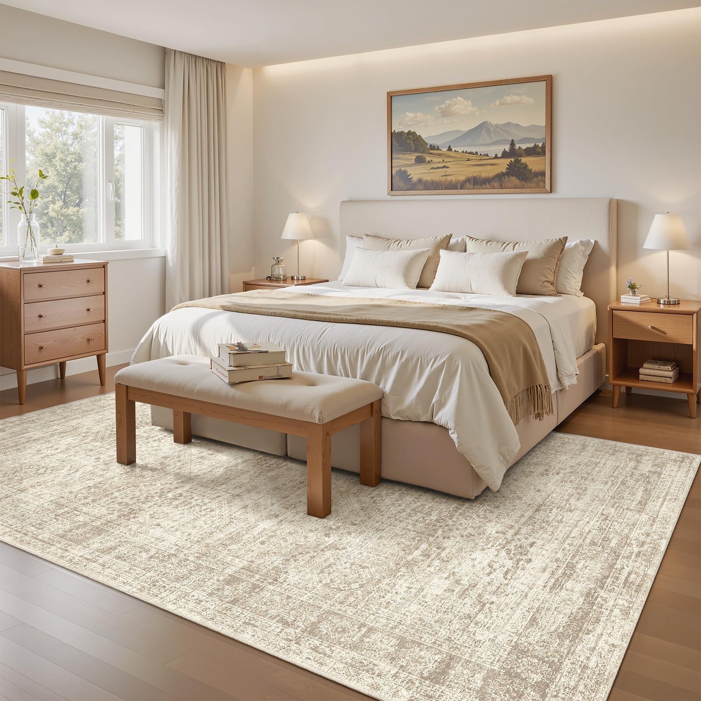 Soalmost 5x7 Area Rugs Beige Low Pile Indoor Washable Trendy Faded Style Rugs for Bedroom Living Room Dining Room Foldable Non-Slip Thin Print Home Office Mat