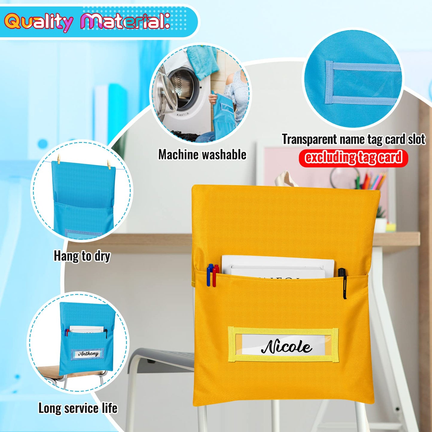 Chapou Chair Pockets for Classroom Chairback Pocket Chart 14 x 18 Inch Desk Organizer Pocket Chair Bag for Seat School Classroom (Classic,Bright,24 Pcs)