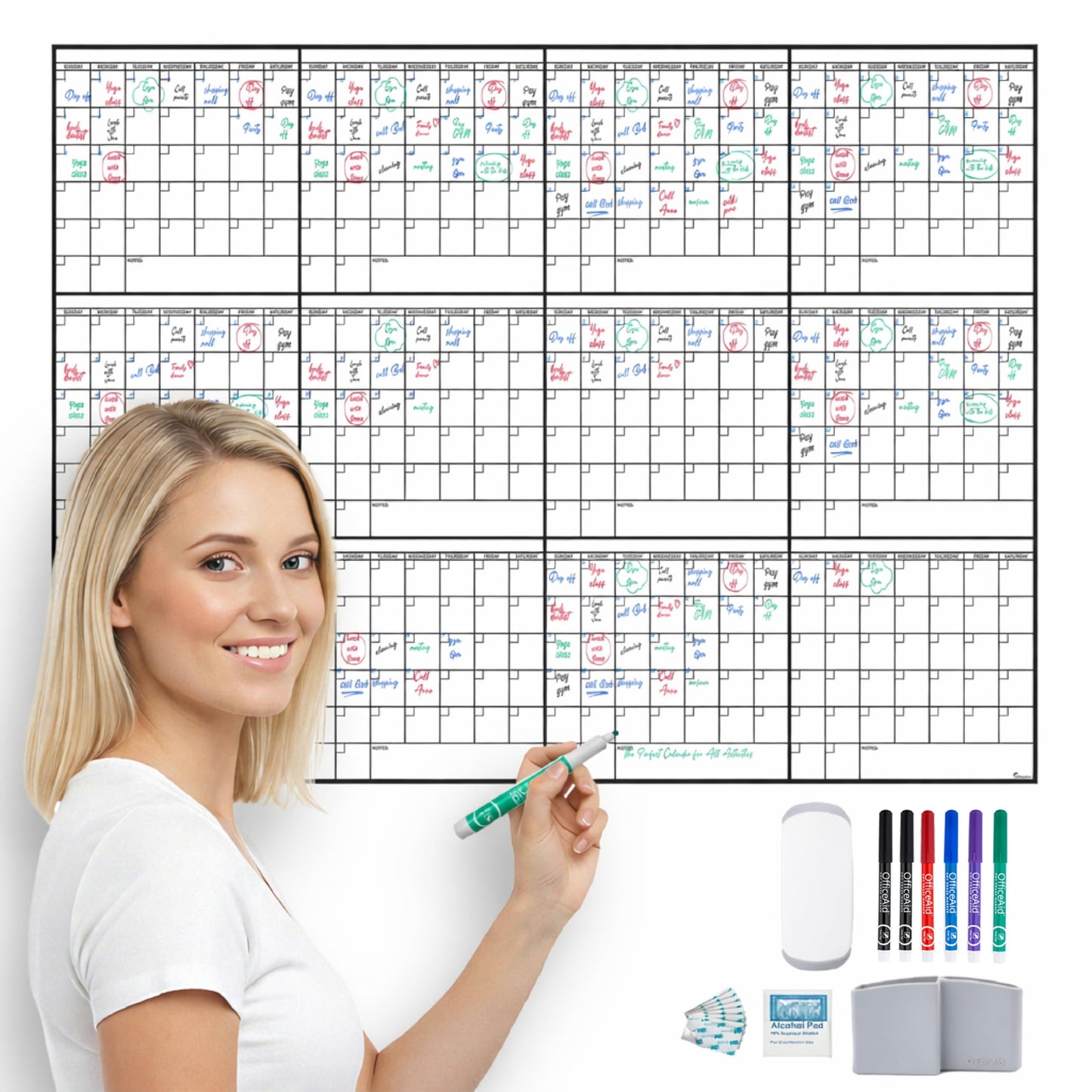Yearly Large Dry Erase Calendar for Wall 36x48, 12 Office Annual, Erasable Month, Rolled Whiteboard White Board, Year Calendar Planner Giant Family for Dry Undated Classroom Erase Wall Reusable