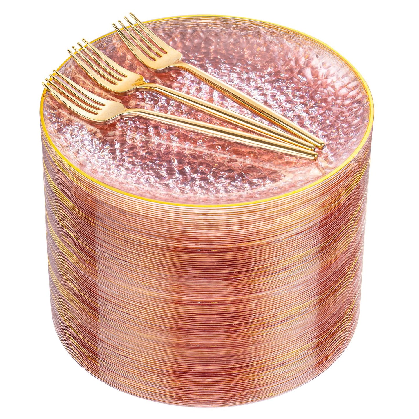 DaYammi 240Pcs Pink Plastic Plates Including 120Pcs Pink Dessert Plates and 120Pcs Gold Plastic Forks,Hammered Party Plate,pink and Gold Appetizer plates Heavy duty Disposable Cake Plate for Party