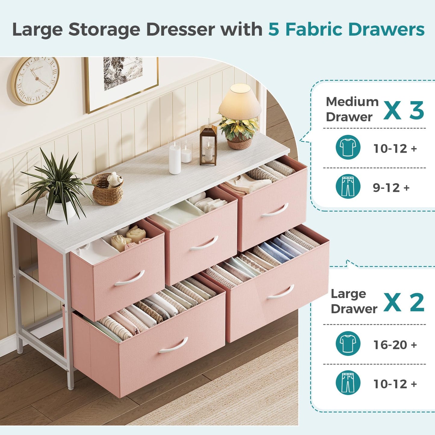 OLIXIS Dresser for Bedroom with 5 Drawers, Wide Chest of Drawers, Fabric Bedroom Dresser with Drawer Organizer, Storage Organizer Unit with Fabric Bins for Closet, Living Room, Hallway, Pink