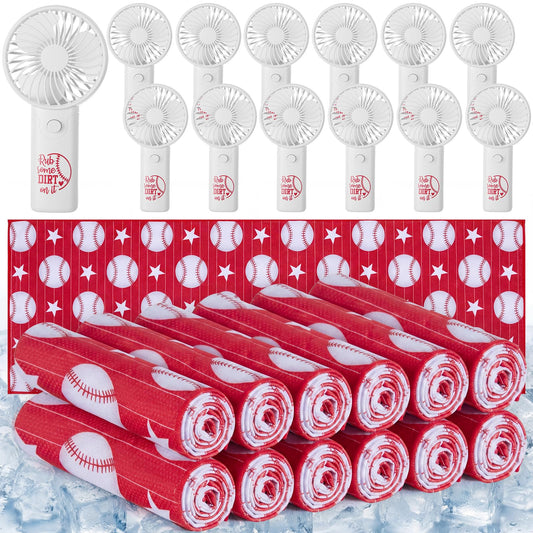 VIHOSE 12 Sets End of Season Baseball Team Gifts Sets Includes Portable Mini Handheld Fans Cooling Towels and Baseball Ribbons Bulk for Sports Event Party Favors, Team Players, Coaches, Fans
