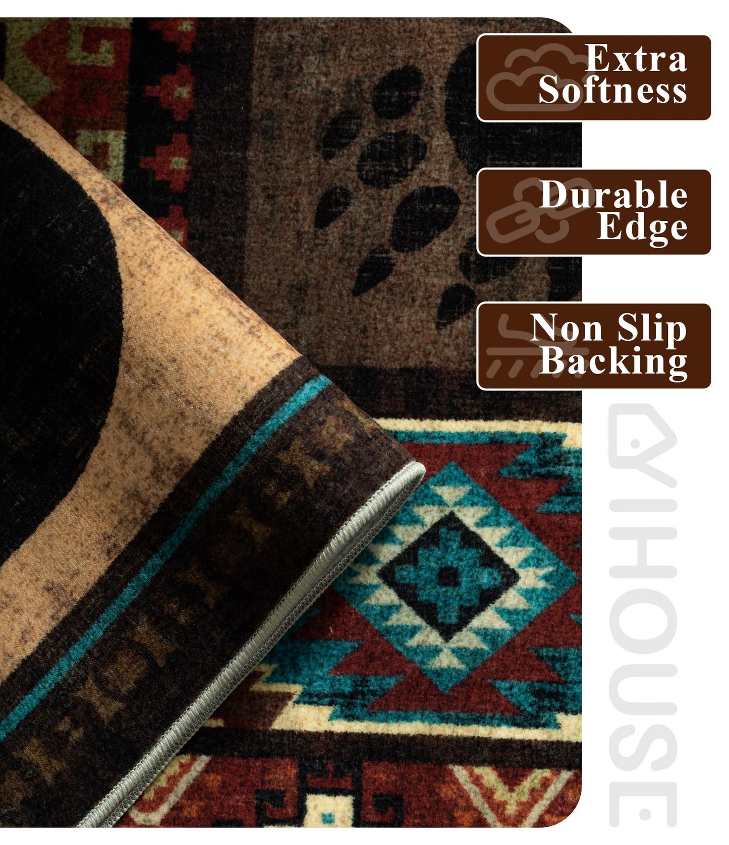 Hallway Runner Rug 2x6 Indoor Door Mat - Bear Rustic Cabin Non-Slip Entryway Rug, Low Pile Tribal Print for Kitchen, Bedroom