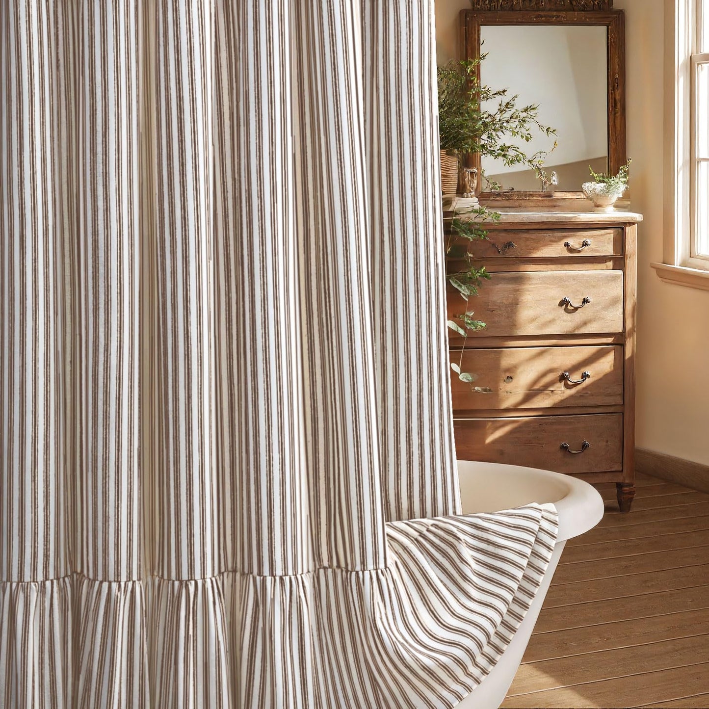 XOGUIBO Farmhouse Shower Curtain with Ruffle Hem Linen Shower Curtains for Bathroom Country Vintage Rustic Natural Fabric, Cream-Brown Stripe 72" W x 84" L