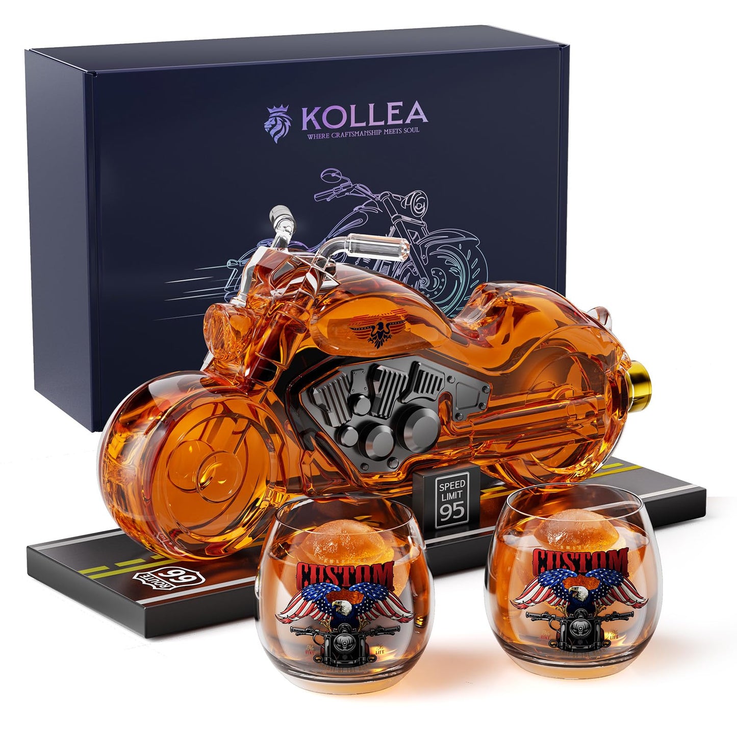 Kollea Birthday Gifts for Men Dad, Motorcycle Whiskey Decanter Set with 2 Glasses, Liquor Dispenser for Home Bar, Unique Gift for Him, Father, Boyfriend, Anniversary, Biker & Motor Lover (Flag)