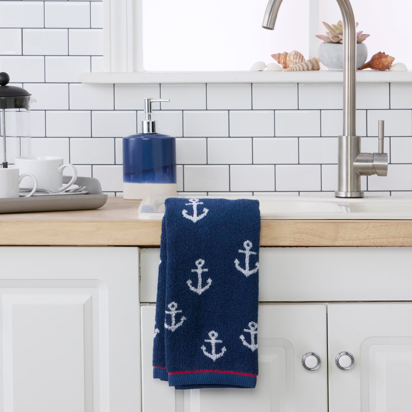 SKL Home Anchor Hand Towel 2pc Set for Bath/Kitchen/Bar & Gift, Navy