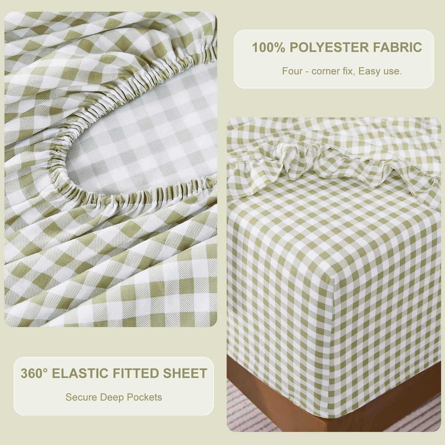 kisswish Gingham King Sheet Set, Lightweight Super Soft Brushed Microfiber Plaid Bed Sheets with 16" Deep Pocket, 4 Piece Ruffle Farmhouse Bedroom Decor, Sage Green