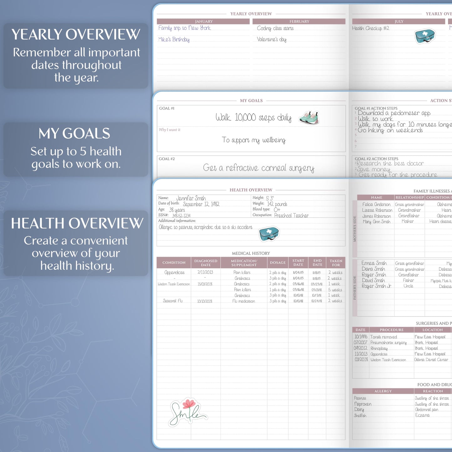 Legend Medical Planner – 12-Month Health Tracker Journal to Track Meals, Symptoms, Blood Pressure, Lab Test Results – Med & Wellness Notebook for Daily Self-Care & Health Goals (Periwinkle)