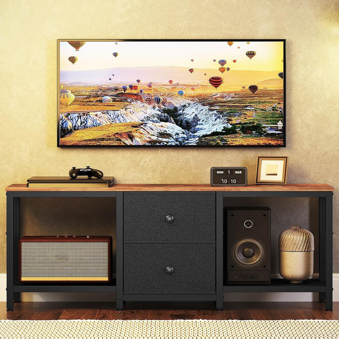 YATINEY TV Stand for TVs up to 55", Entertainment Center with 2 Fabric Drawer, Media Console with Shelves, Television Stands for Living Room, Bedroom, Rustic Brown and Black DS02BR