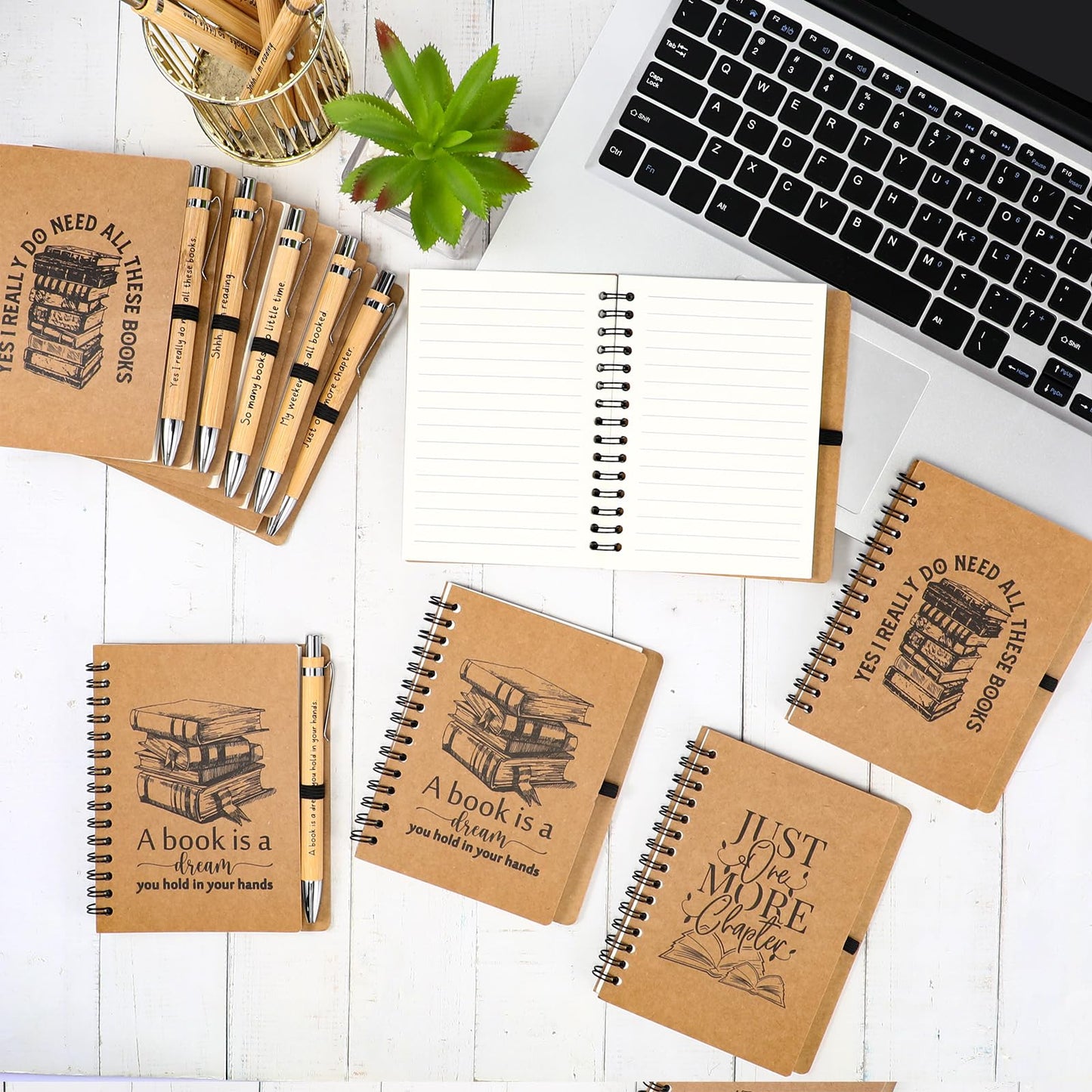 Thenshop 30 Sets Book Lover Gift Include Librarian Inspirational Spiral Notebook Pen Bulk Book Club Gift Reading Journal Librarian Gifts for Women Reader Teacher Bookish bookworm (Brown)