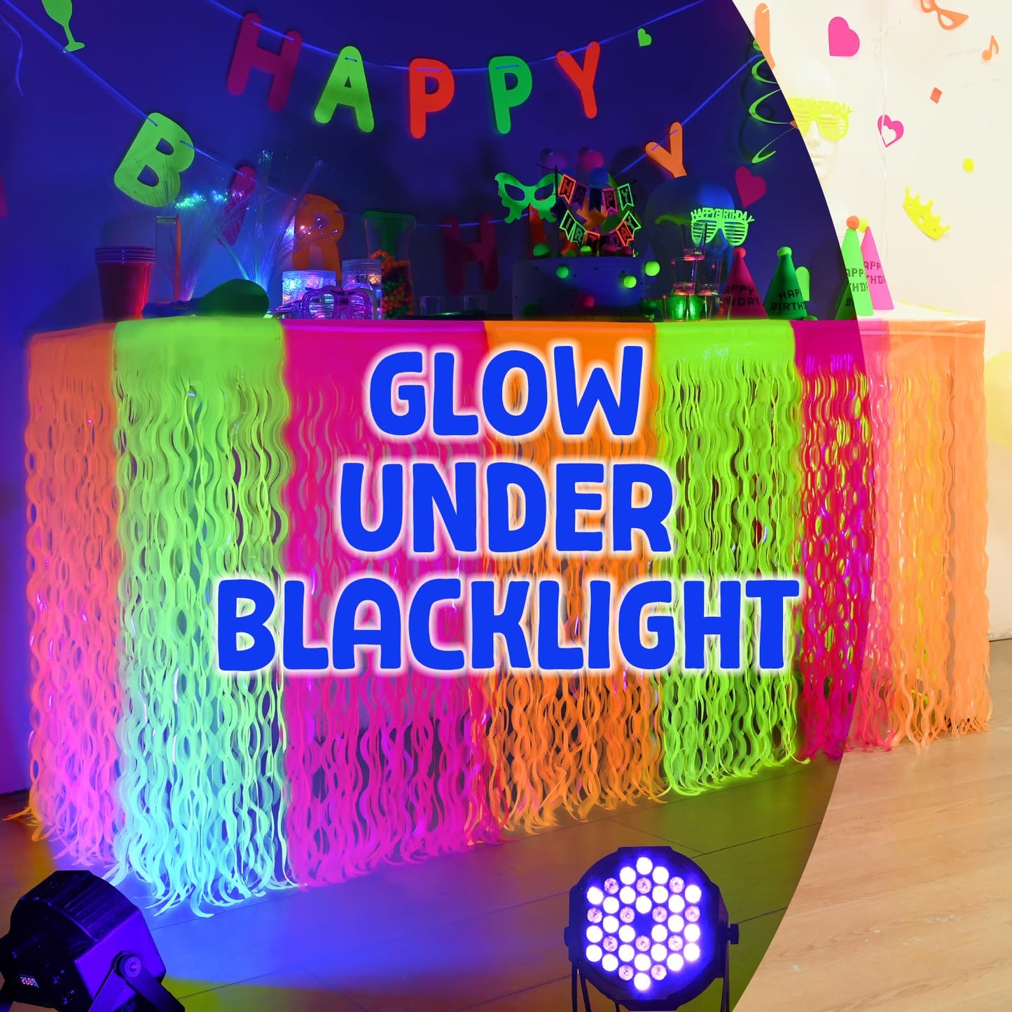 Mega-L Glow in The Dark Party Supplies, 4 Pack Neon Party Decorations Fluorescent Macaron Orange, Yellow and Fuchsia Wavy Metallic Tinsel Foil Fringe Table Skirt, Perfect Glow Birthday Party Decor